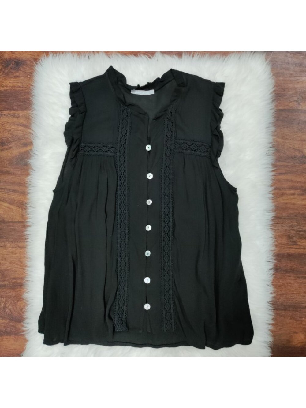 Made in Italy Whimsy Boho Black Lace MTrim Ruffle Button Up Sleeve Blouse - Picture 5 of 10